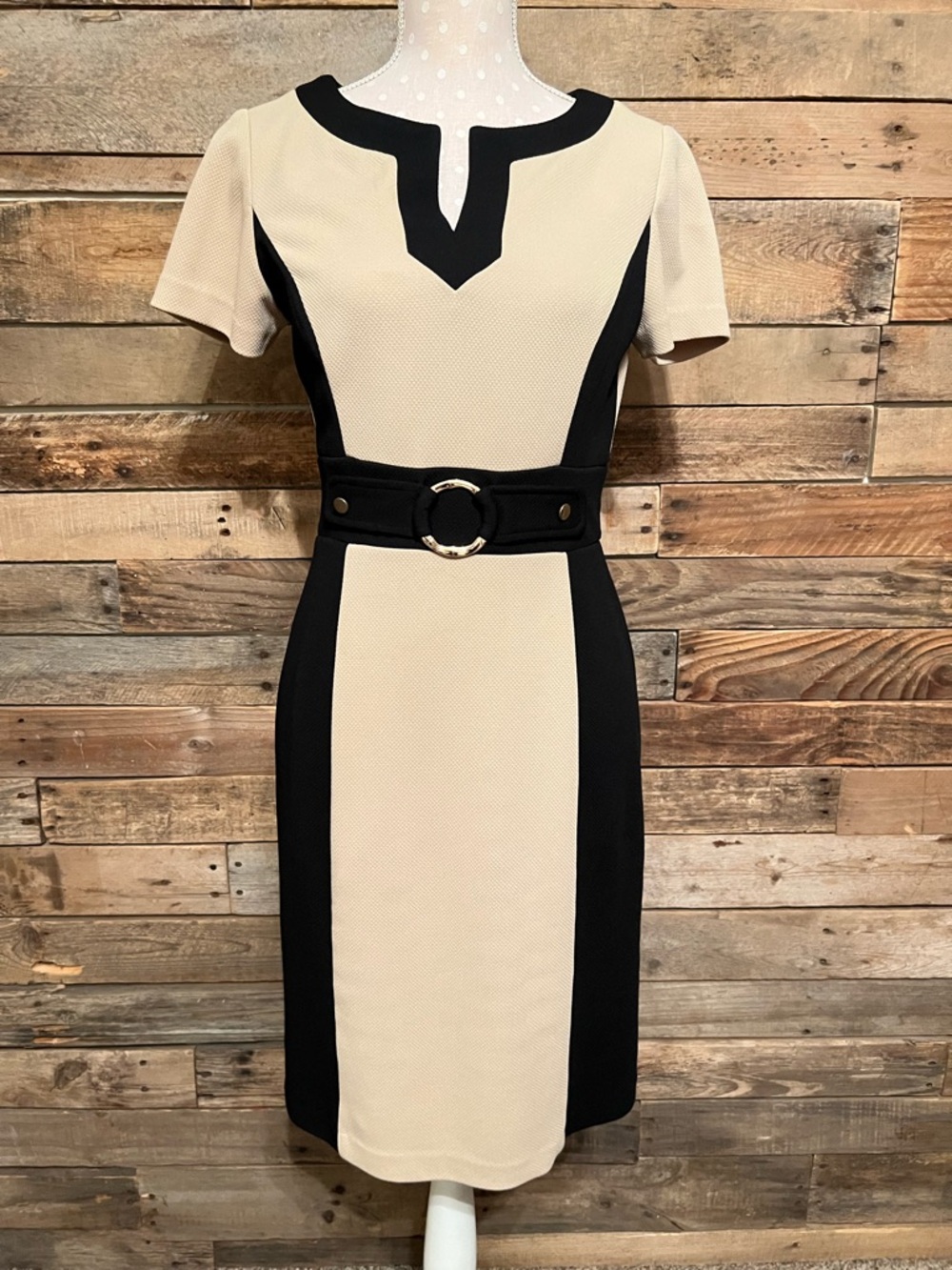 Women’s Beige and Black Contrast Sheath Dress with Belt